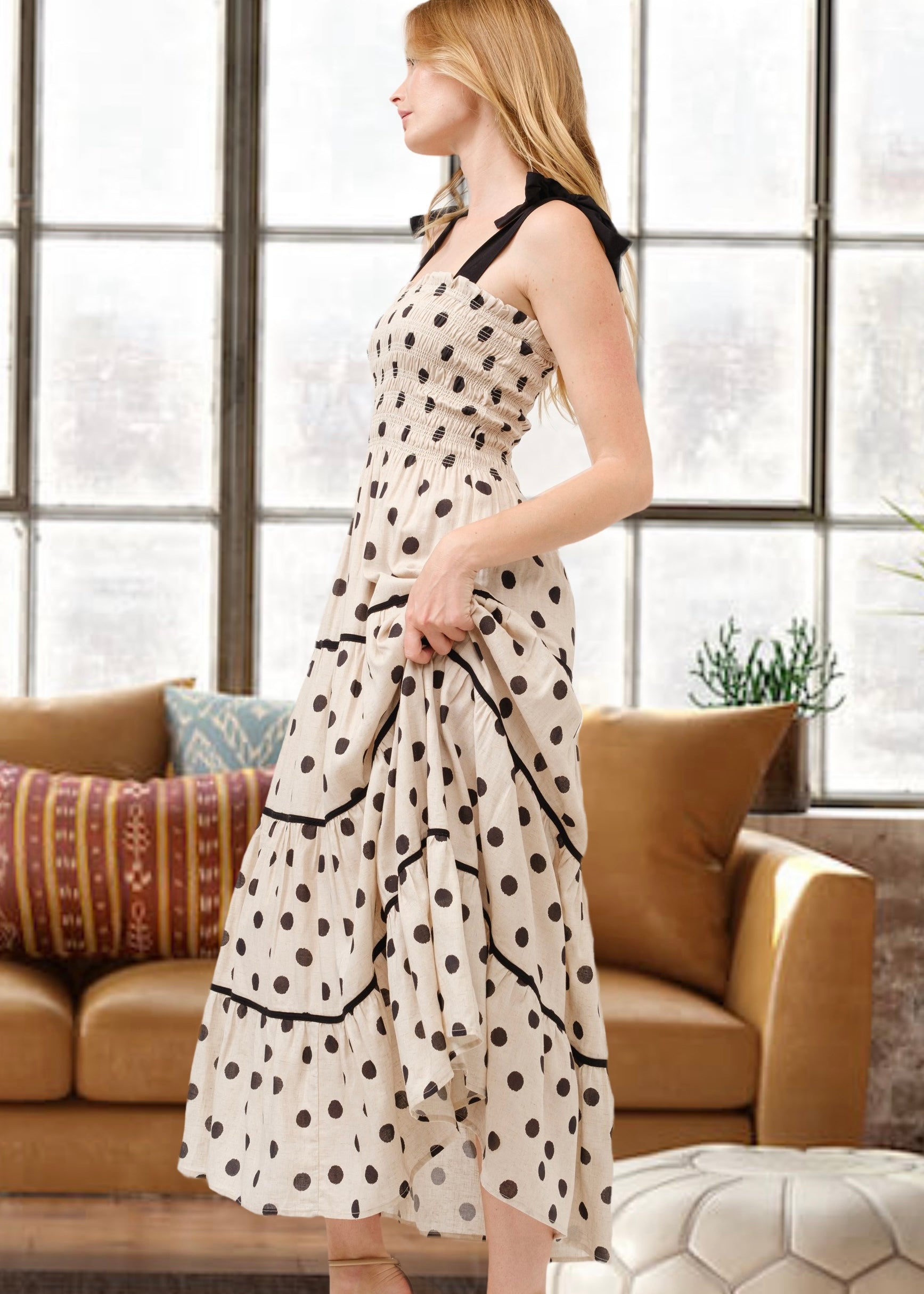 Aston Beige Polka Dot Smocked Bodice Midi Dress - alldeserved.com