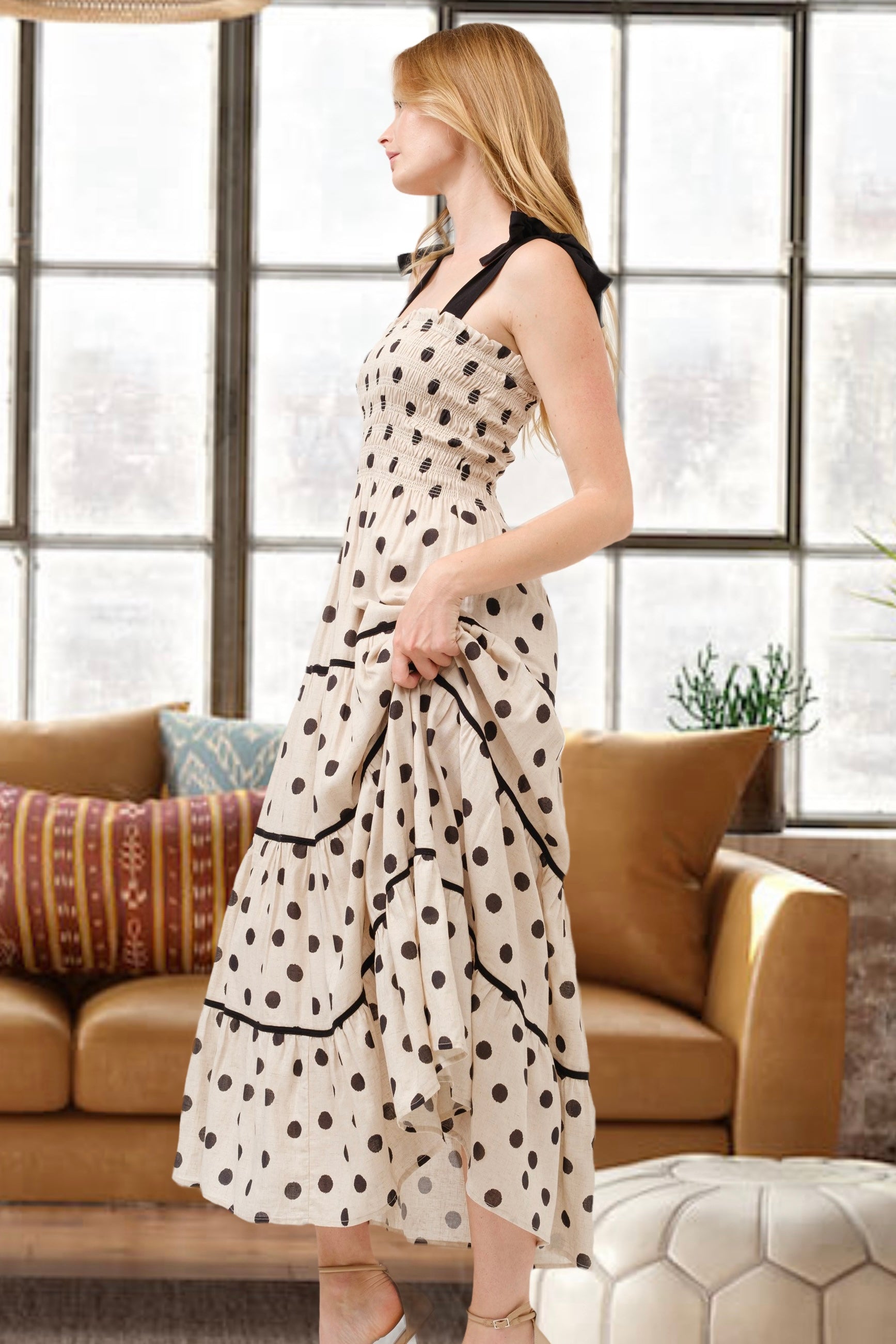 Aston Beige Polka Dot Smocked Bodice Midi Dress - alldeserved.com