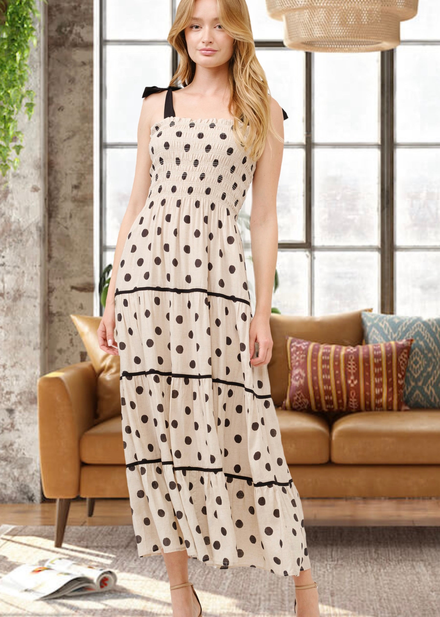 Aston Beige Polka Dot Smocked Bodice Midi Dress - alldeserved.com