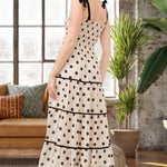 Aston Beige Polka Dot Smocked Bodice Midi Dress - alldeserved.com