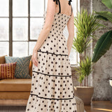 Aston Beige Polka Dot Smocked Bodice Midi Dress - alldeserved.com