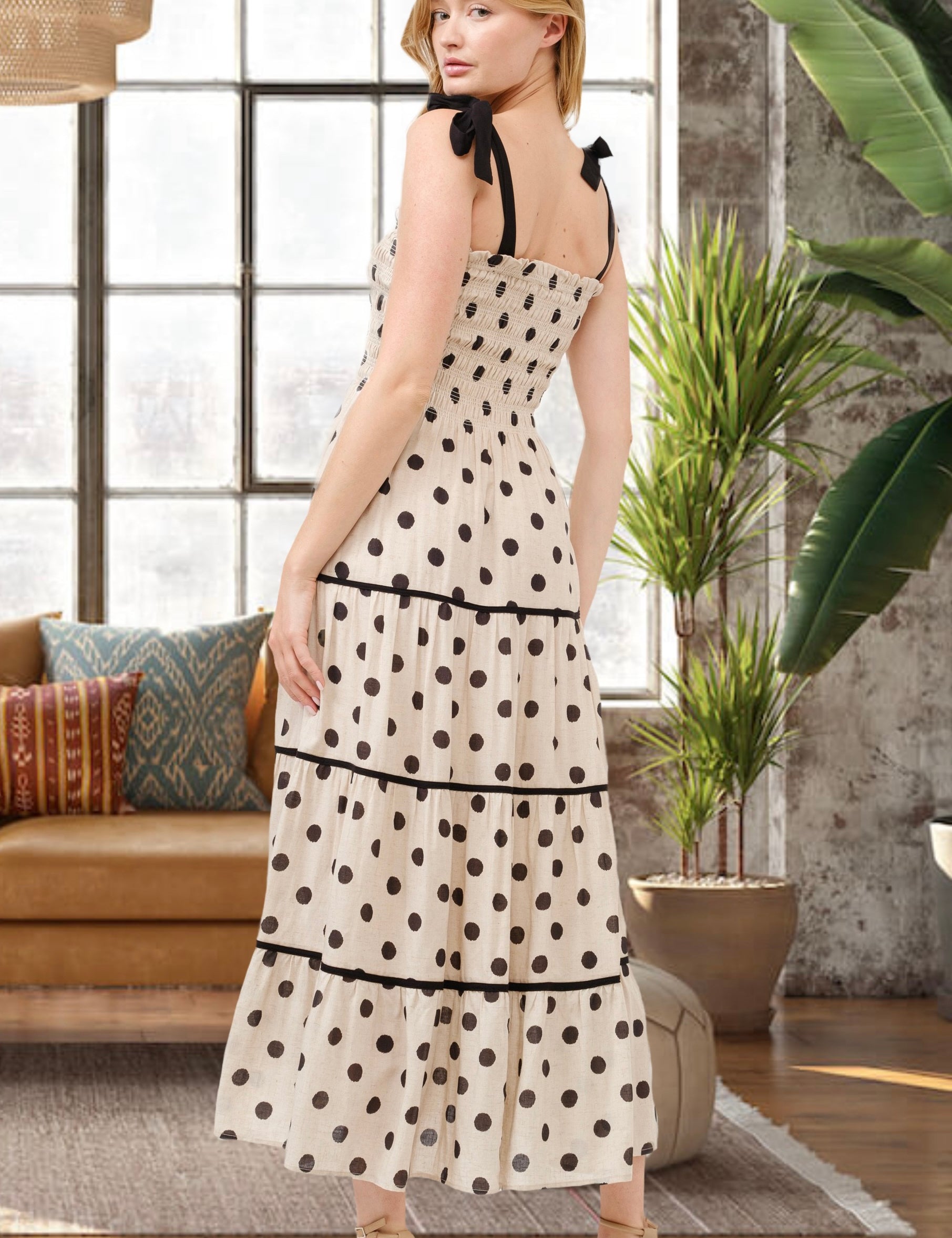 Aston Beige Polka Dot Smocked Bodice Midi Dress - alldeserved.com