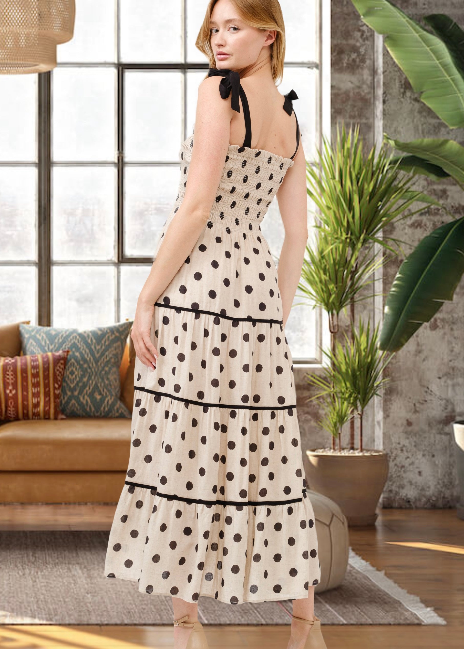 Aston Beige Polka Dot Smocked Bodice Midi Dress - alldeserved.com