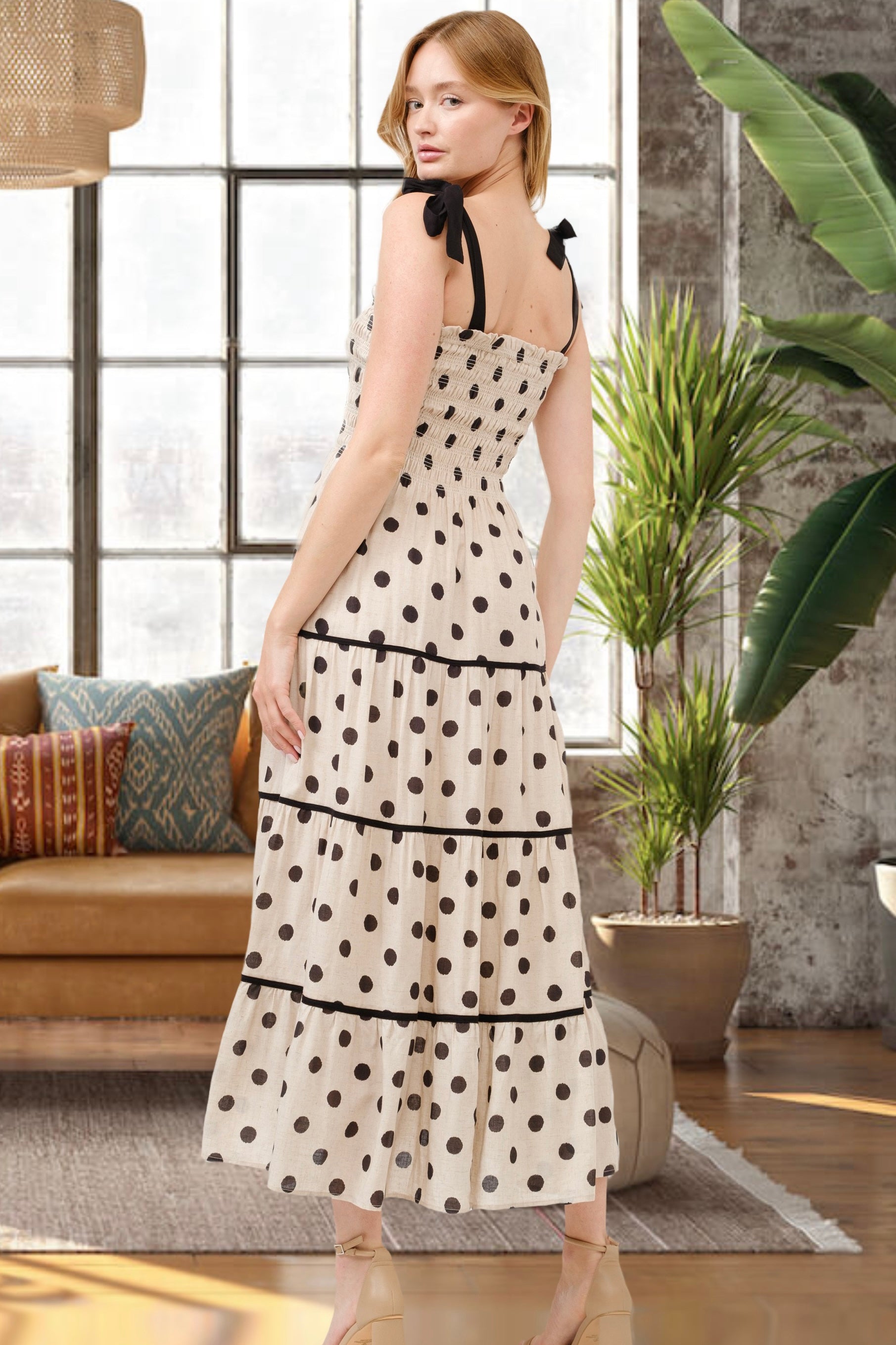 Aston Beige Polka Dot Smocked Bodice Midi Dress - alldeserved.com