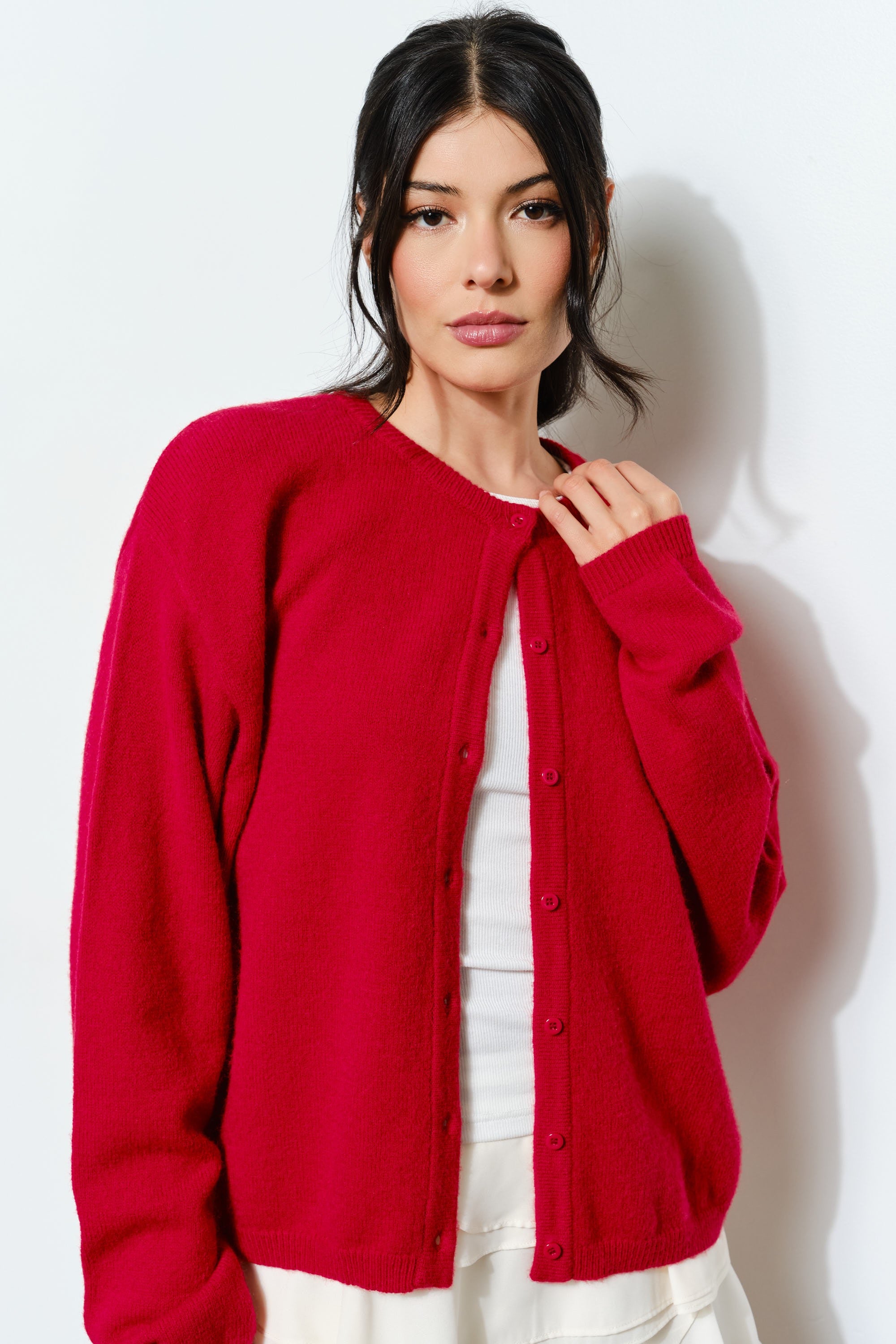 Harper Round-Neck Relaxed Cardigan in red styled casually with jeans — soft, cozy women’s layering piece.