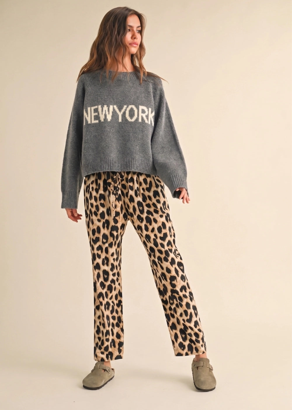 Gray New York knit sweater relaxed fit front view