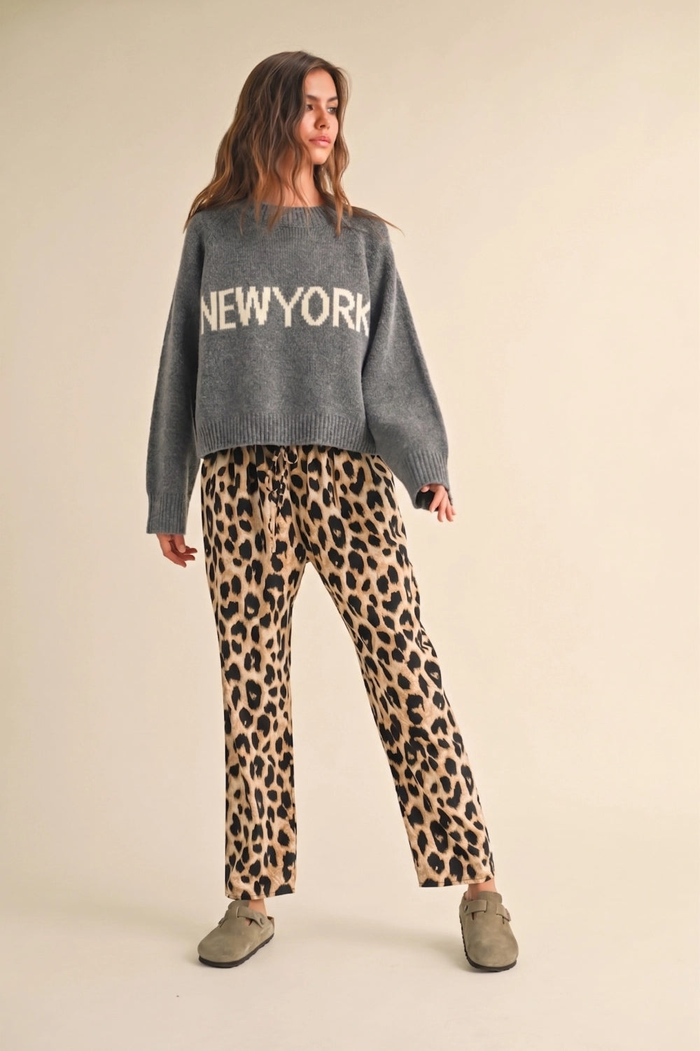 Gray New York knit sweater relaxed fit front view