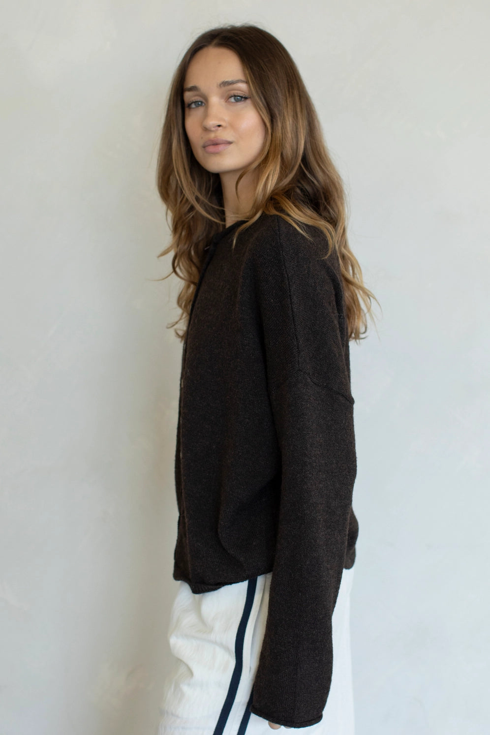 Hailey Button Down Cardigan in Chocolate side view, lightweight women’s cardigan with relaxed fit