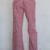 Gingham Ruffle Hem Cotton Pants - Burgundy