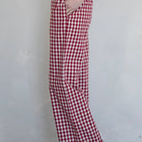 Gingham Ruffle Hem Cotton Pants - Burgundy