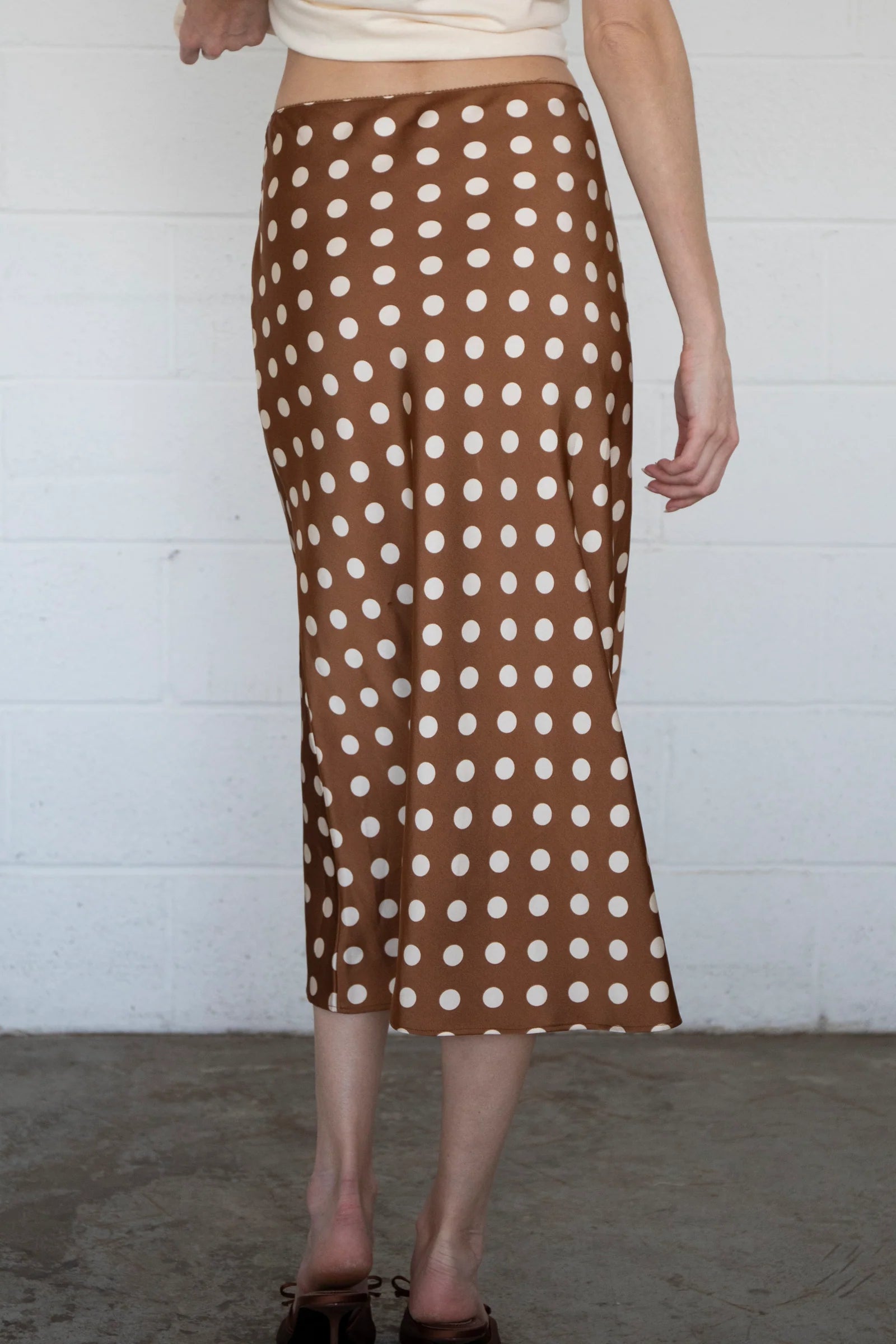 Polka Dot Bias Cut Midi Skirt - Brown
