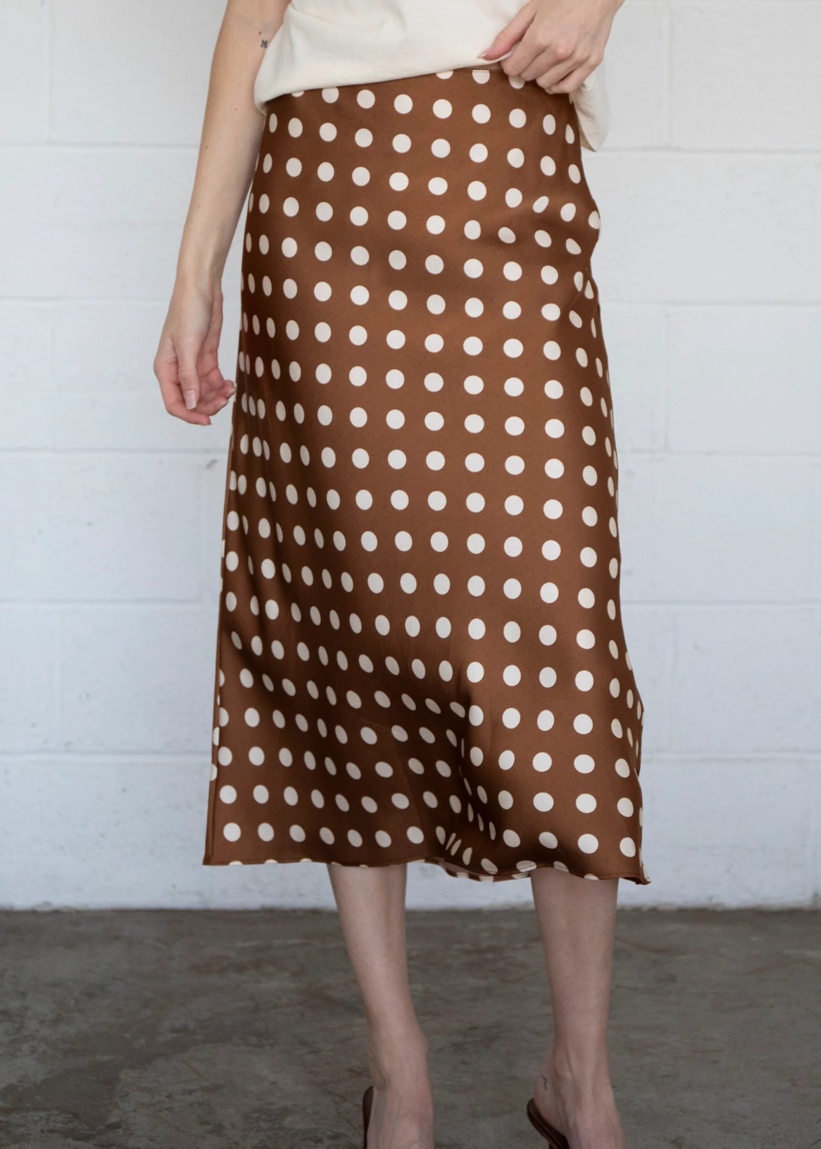 Polka Dot Bias Cut Midi Skirt - Brown