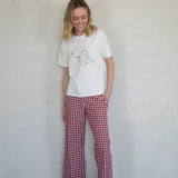 Gingham Ruffle Hem Cotton Pants - Burgundy