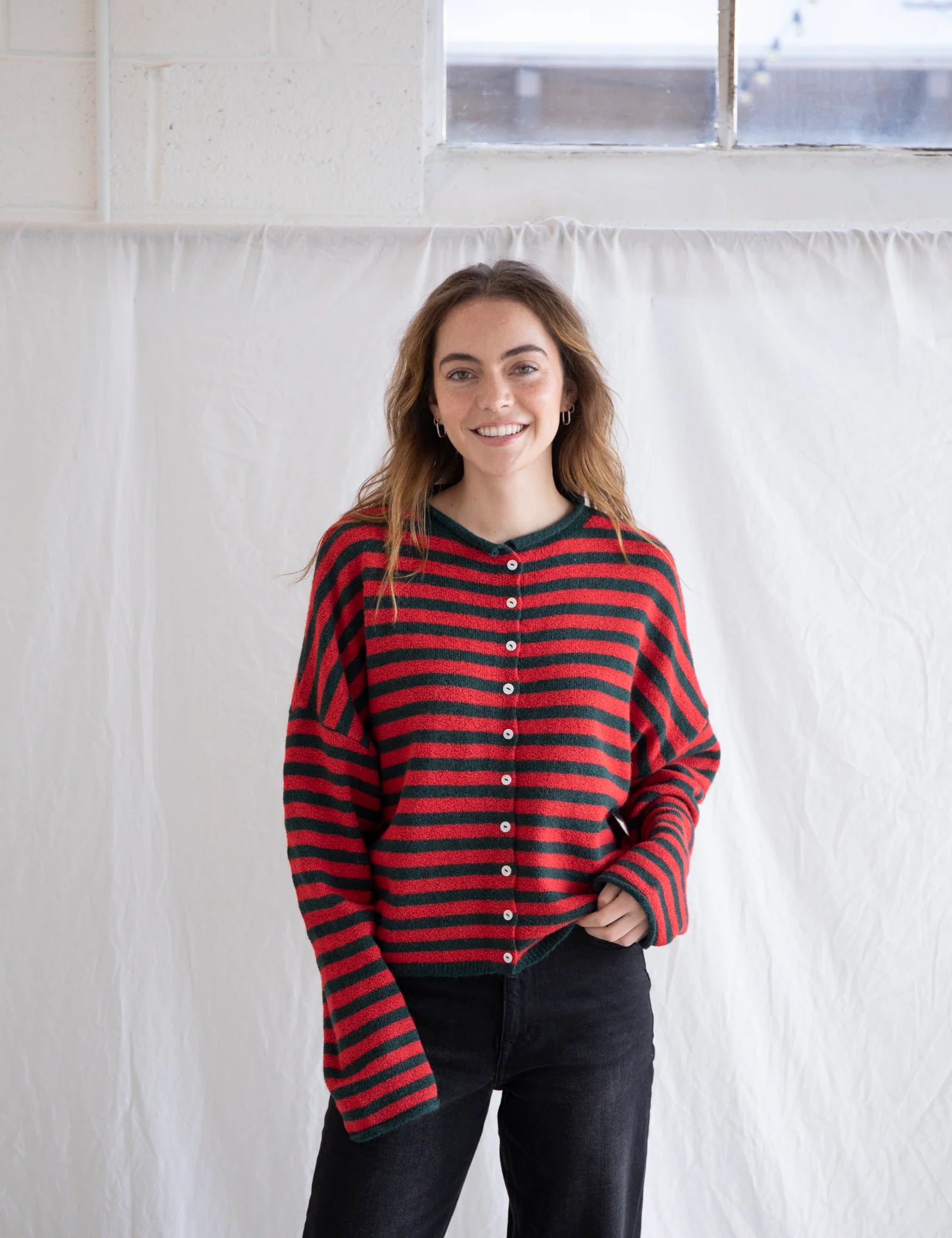 Hailey Button Down Cardigan - Red/Green striped