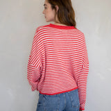 Hailey Button Down Cardigan - Red mini striped