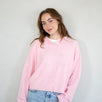 model is wearing Hailey button down cardigan (piper cardigan) in baby pink - front view