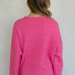 Model is wearing Hailey Button Down Cardigan in Bubblegum - back view