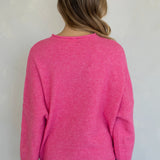 Model is wearing Hailey Button Down Cardigan in Bubblegum - back view