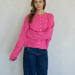 Model is wearing Hailey Button Down Cardigan in Bubblegum - full outfit