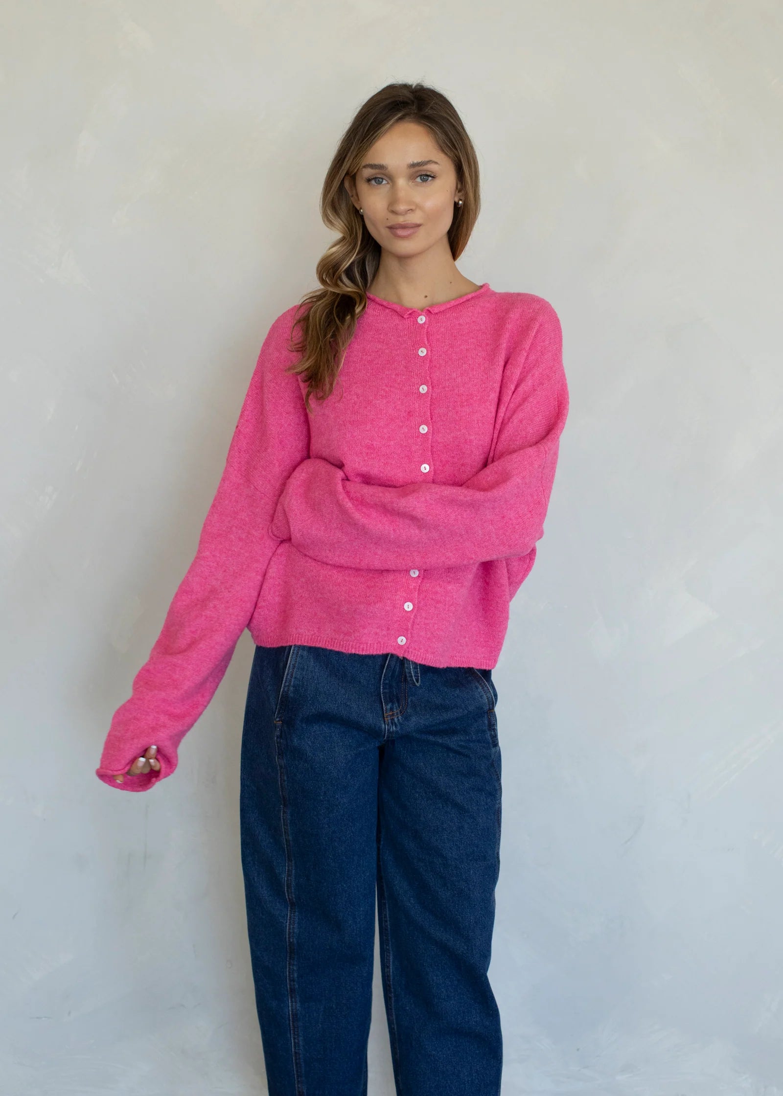 Things Between Piper Cardigan Bubblegum Pink - front view- full outfit