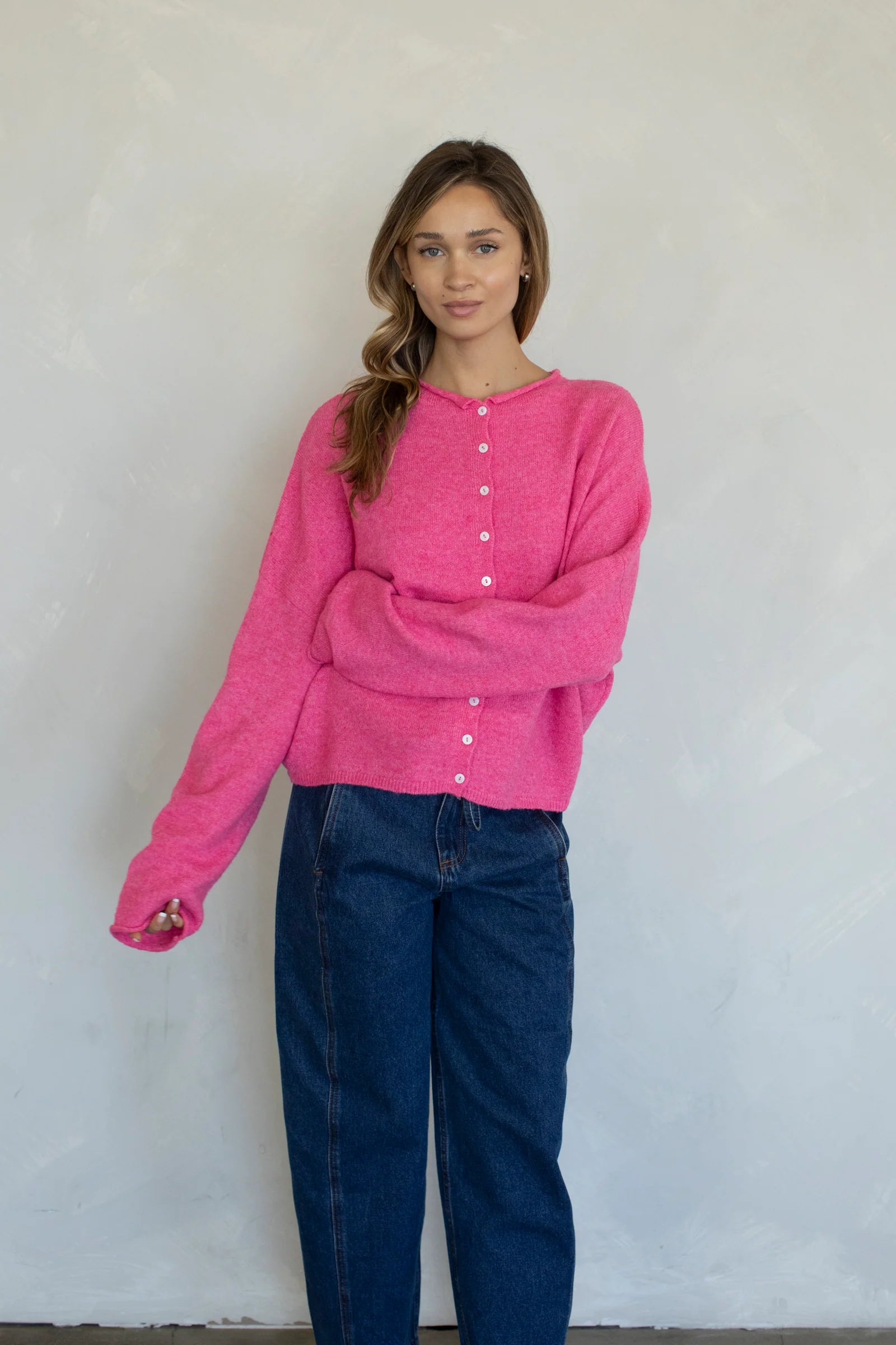 Model is wearing Hailey Button Down Cardigan in Bubblegum - full outfit