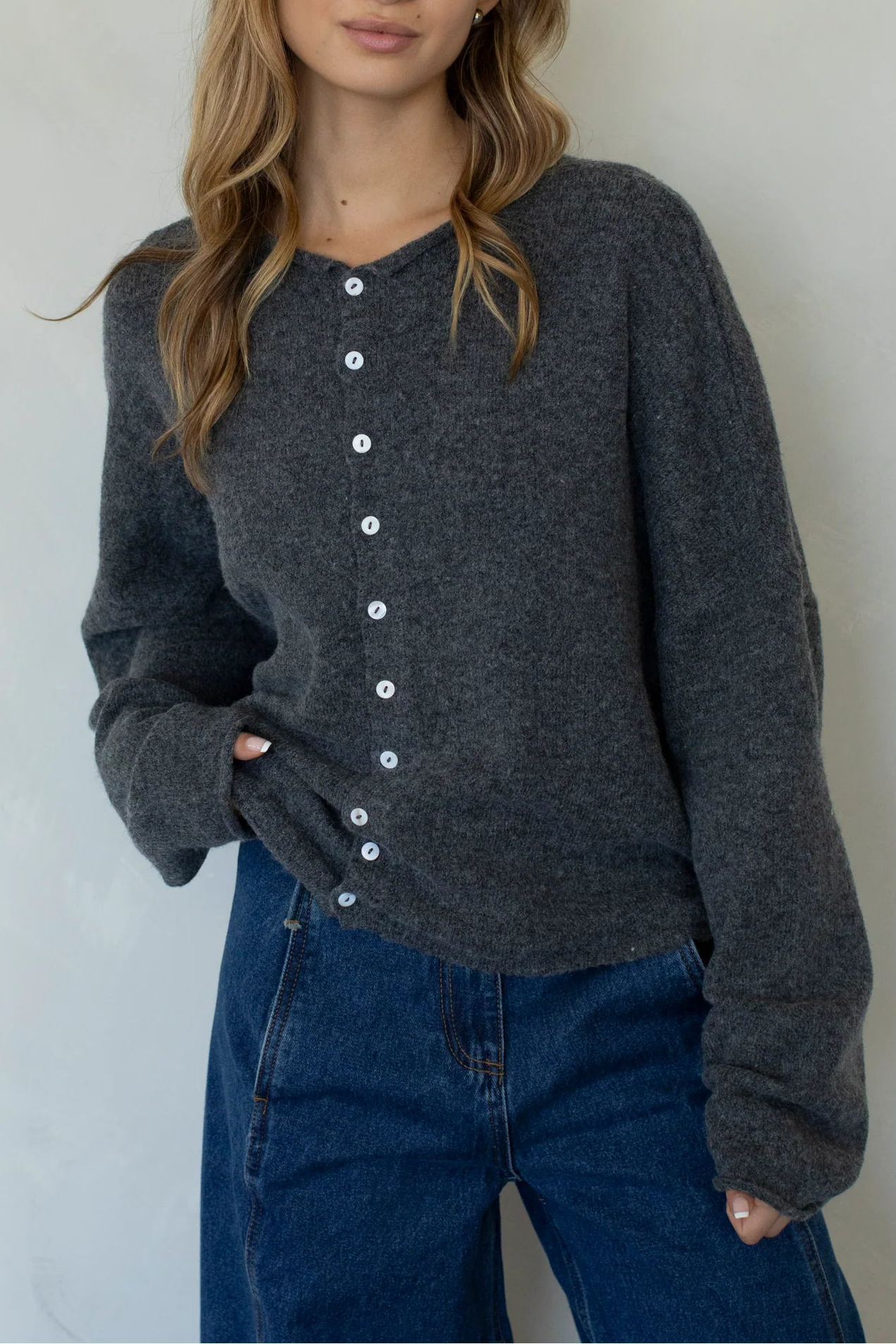 Woman wearing Hailey Button Down Cardigan Charcoal  - front view women's sweater