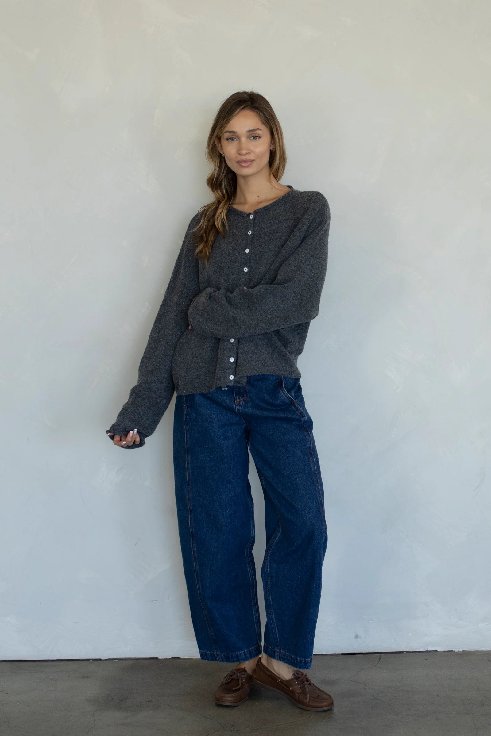Hailey Button Down Cardigan Charcoal styled outfit with denim casual everyday look