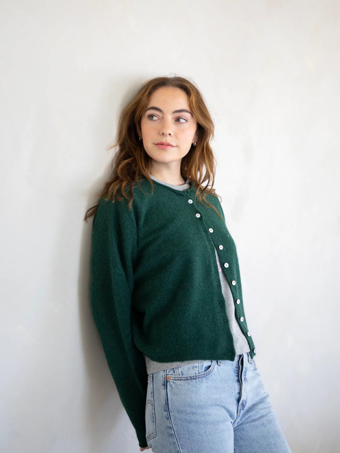 Hailey Button Down Cardigan (Piper Cardigan) in Forest Green – full-length outfit view