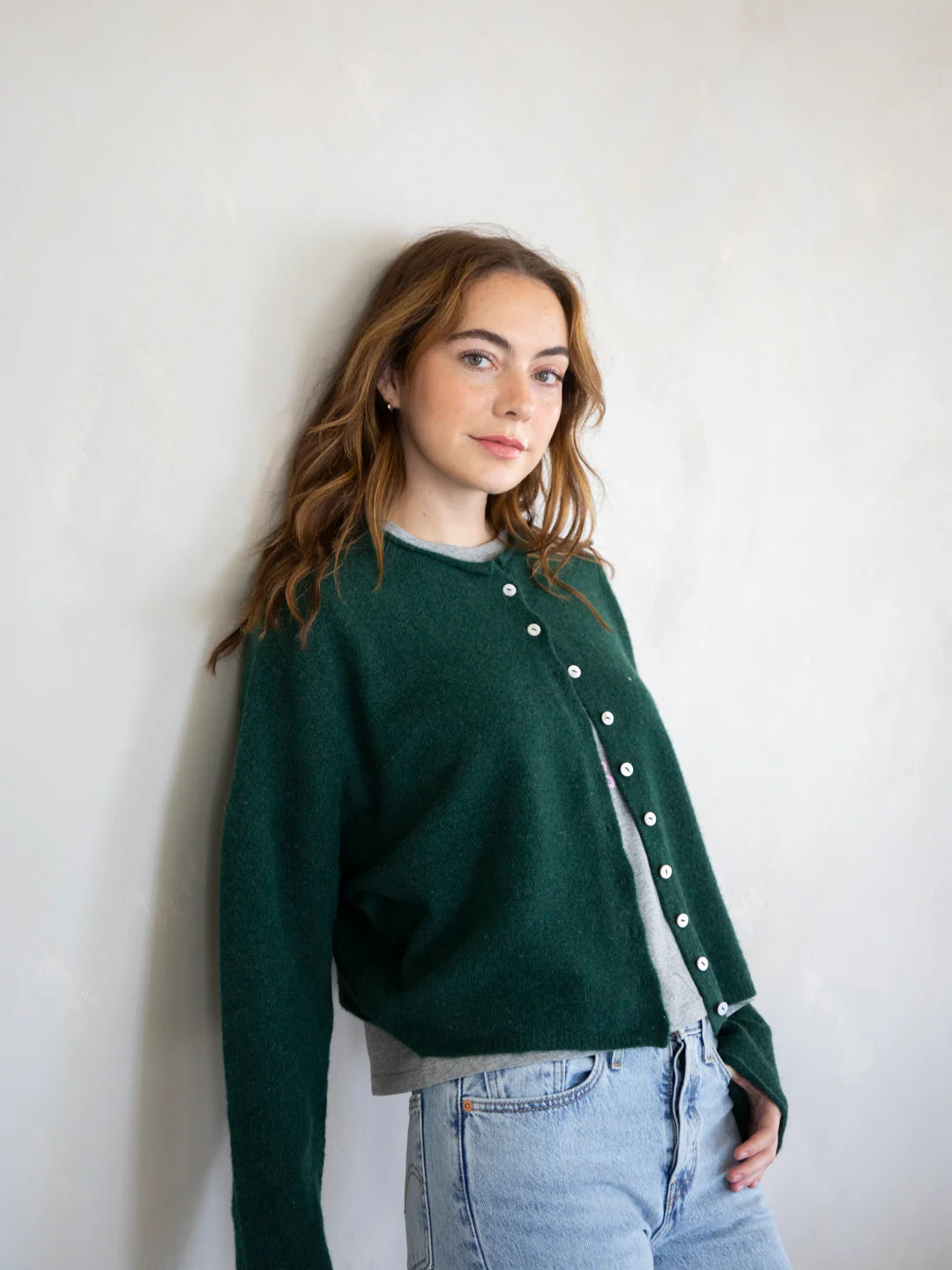 Hailey Button Down Cardigan (Piper Cardigan) in Forest Green – side view