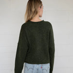 Back view of Things Between Piper Cardigan in hunter green