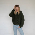 Front view of Things Between Piper Cardigan in hunter green - full outfit