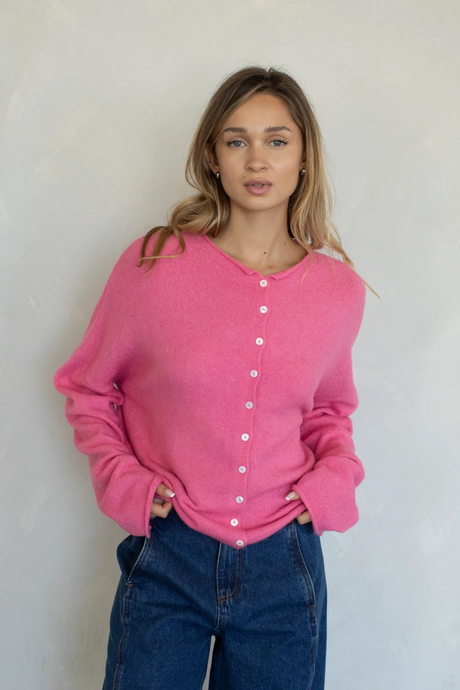 Piper Cardigan - Hailey cardigan  in Rose on a model - front view