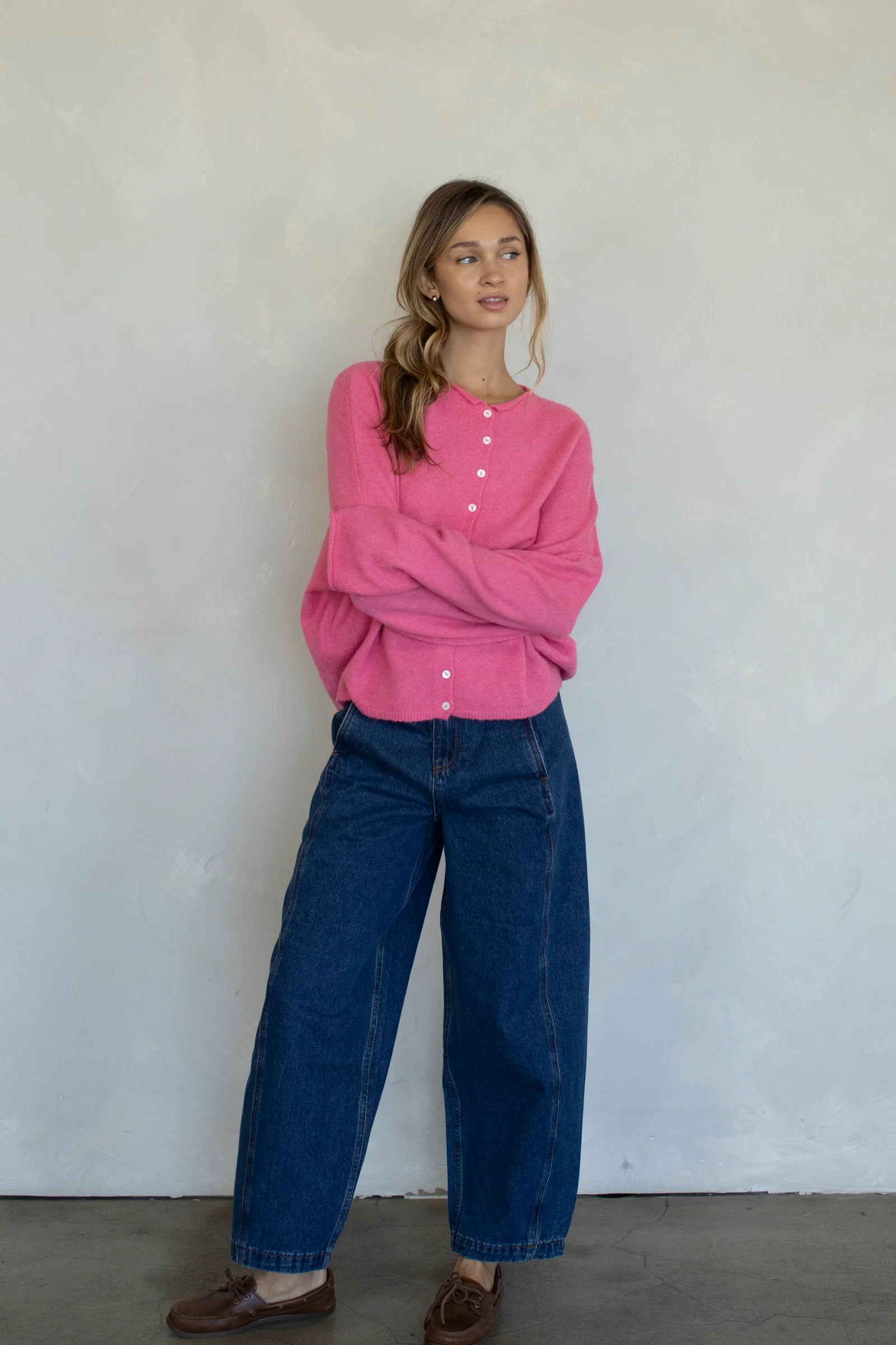 Piper Cardigan - Hailey cardigan  in Rose on a model - full-length outfit view