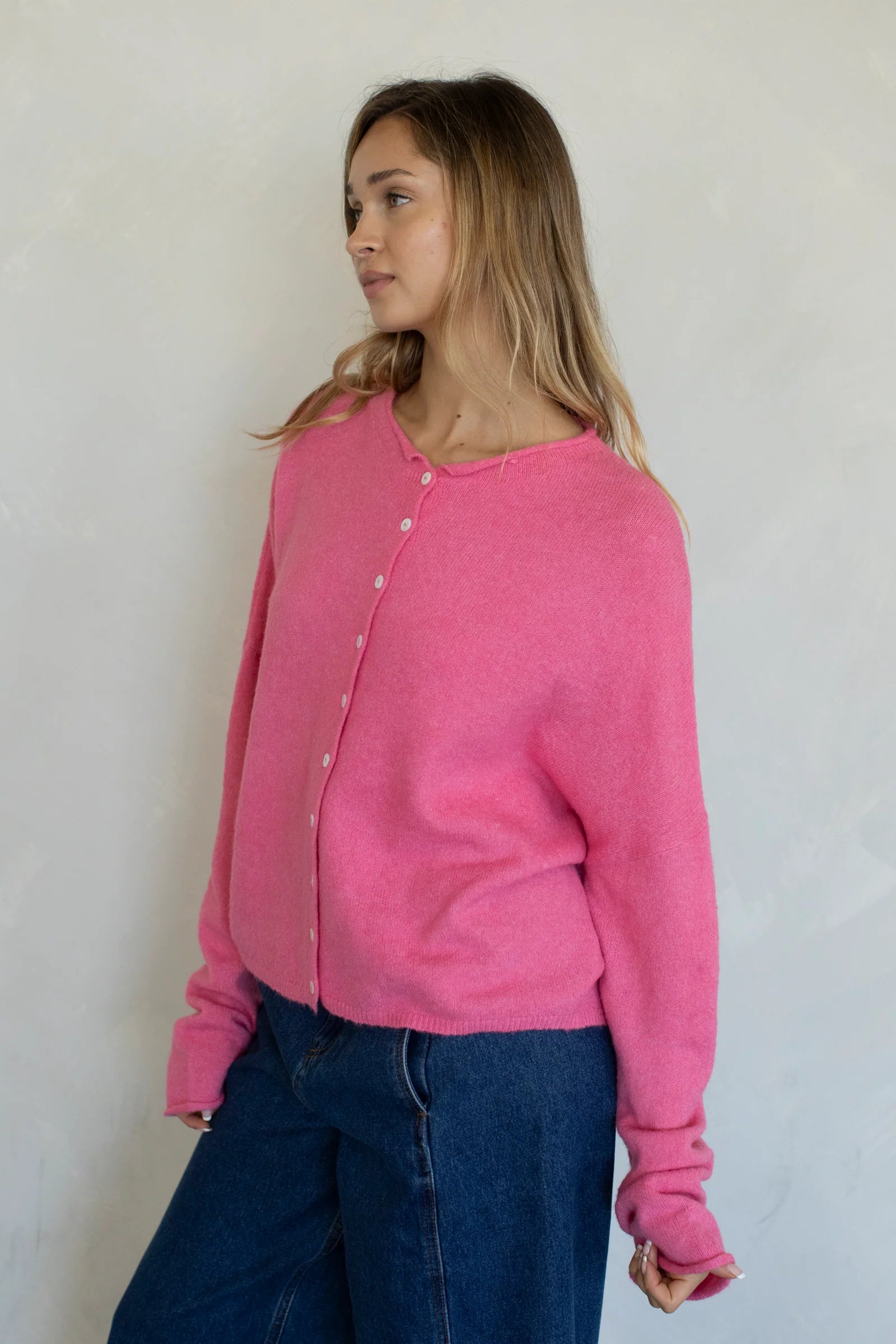 Piper Cardigan - Hailey cardigan  in Rose on a model - side view