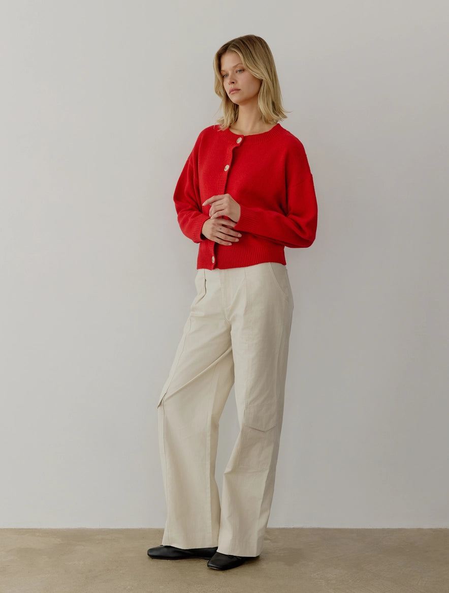 Hayes Crew Neck Button-Down Cardigan - Red