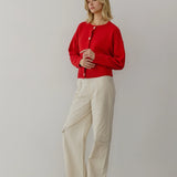 Hayes Crew Neck Button-Down Cardigan - Red