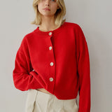Hayes Crew Neck Button-Down Cardigan - Red
