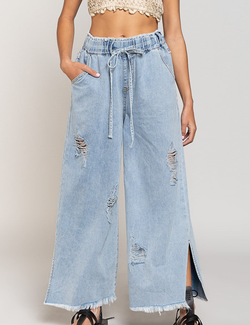 Del Mar Wide Leg Distressed Pants - alldeserved.com
