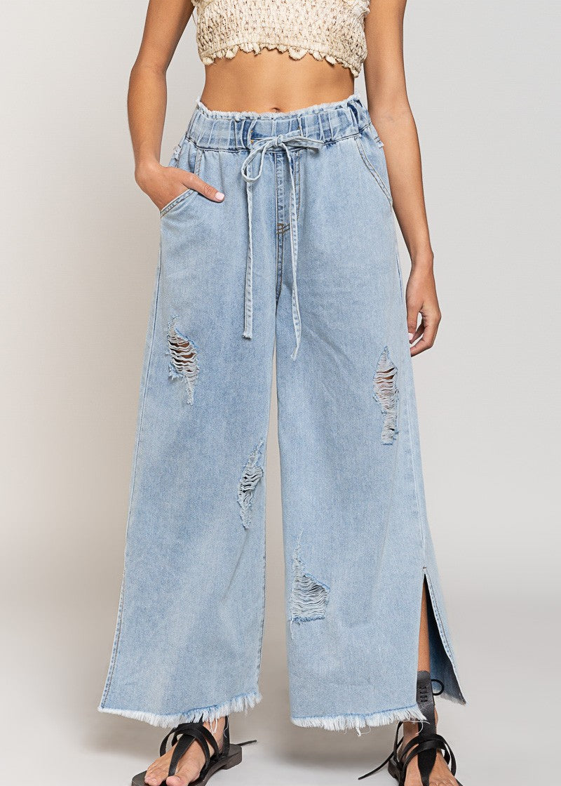 Del Mar Wide Leg Distressed Pants - alldeserved.com