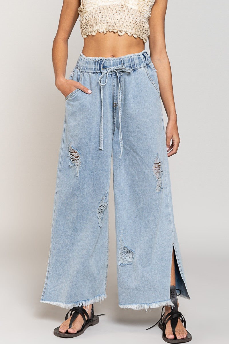 Del Mar Wide Leg Distressed Pants - alldeserved.com