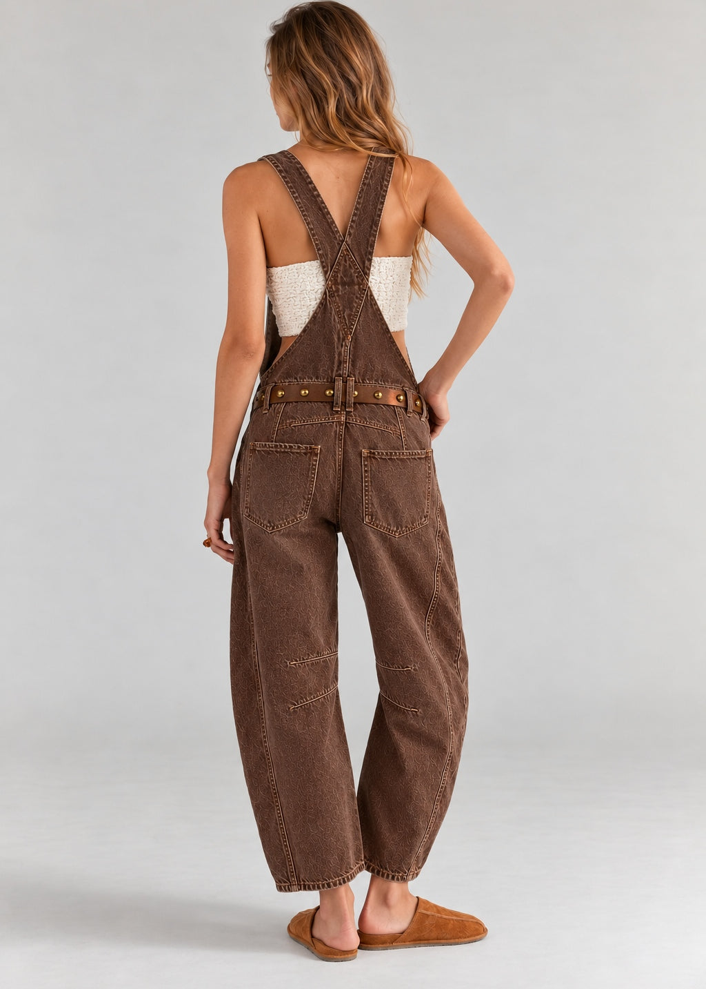 Aaron & Amber Barrel-Leg Denim Overalls – Washed Brown