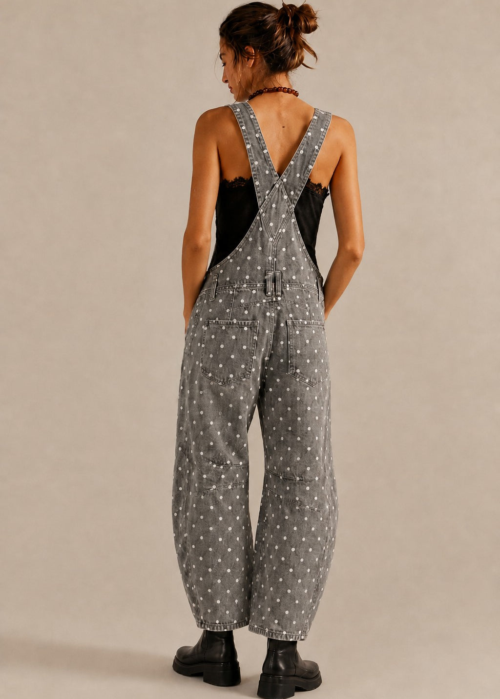 Aaron & Amber Barrel-Leg Denim Overalls – Black Polka Dot