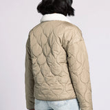 Back of Aura Sherpa Collar Puffer Coat in olive — women’s quilted coat with longline design.
