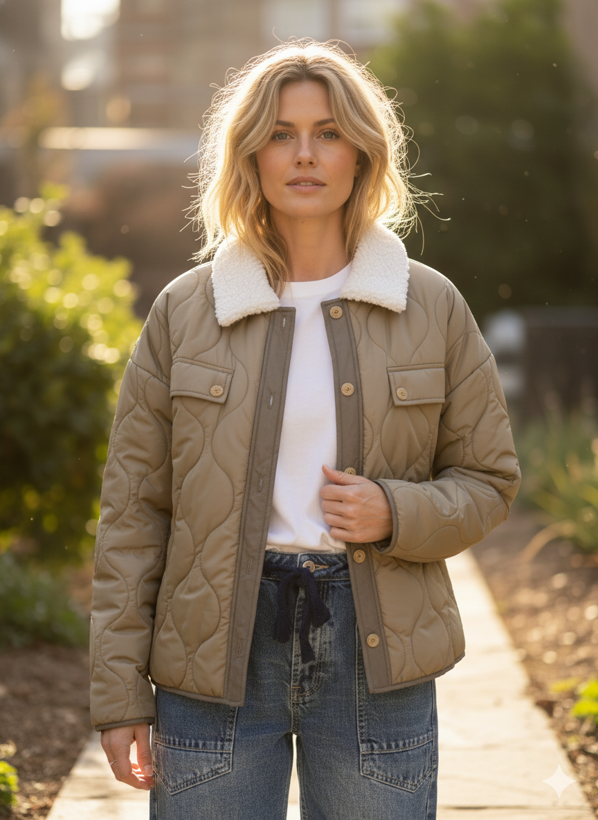 Woman wearing the Aura Sherpa Collar Quilted Puffer Coat in olive — soft quilted outerwear with cozy sherpa collar- lifestyle 