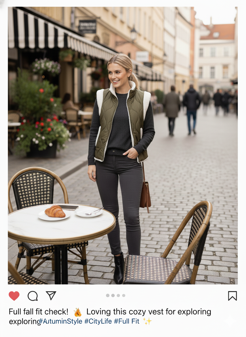 Ava Reversible Sherpa Quilted Vest by Dani West worn outdoors — cozy neutral outerwear for cool-weather layering.