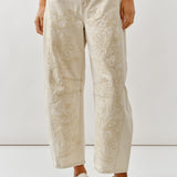 Floral Embroidered Barrel Leg Jeans - Beige
