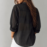 Isabella Relaxed Sheer Pinstripe Button-Down Shirt – Charcoal Black