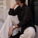 Isabella Relaxed Sheer Pinstripe Button-Down Shirt – Charcoal Black
