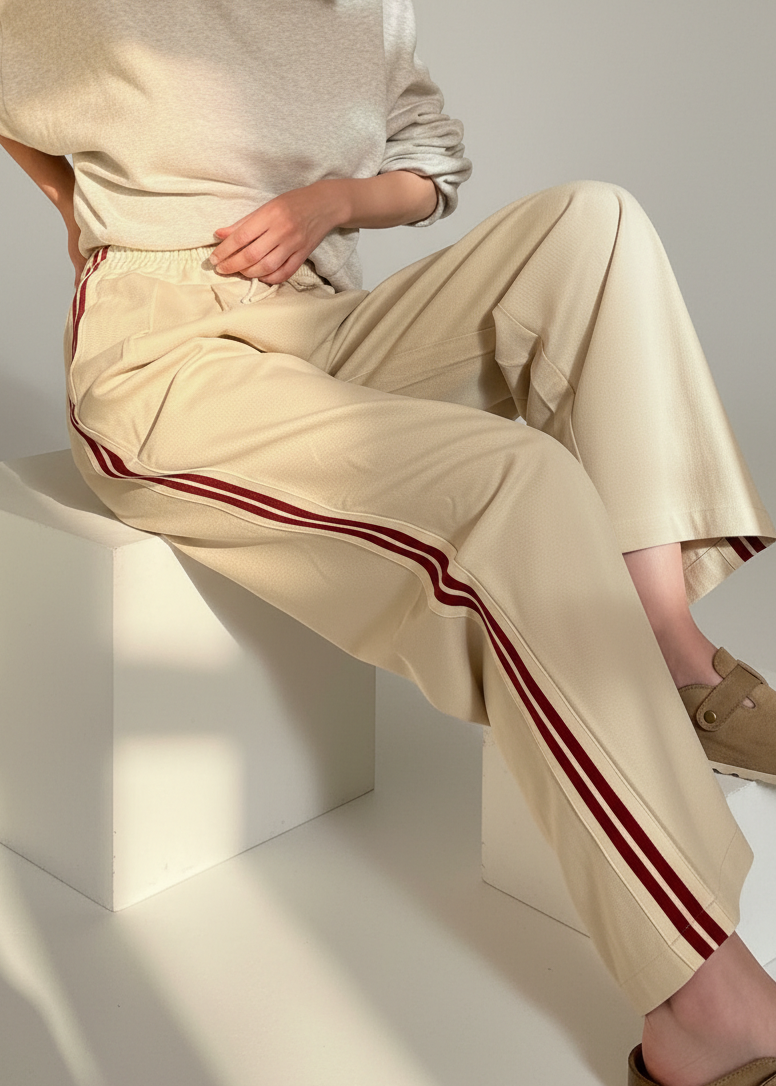 The Brooklin side-stripe pull-on wide-leg pants in beige styled in a seated outfit, featuring red side stripes and elastic tie waist