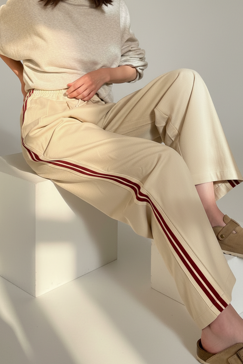 The Brooklin side-stripe pull-on wide-leg pants in beige styled in a seated outfit, featuring red side stripes and elastic tie waist
